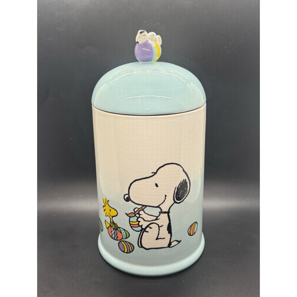 Peanuts Snoopy and Woodstock Blue Cookie Treat Jar Canister Easter Themed
